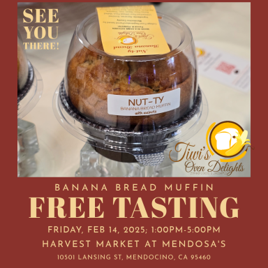 Banana bread muffin with a tasting event announcement and location details.