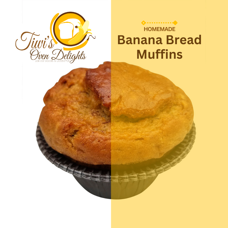 Tiwi's Oven Delights homemade Banana bread muffin in a brown cup, with a golden-brown top and homemade label.
