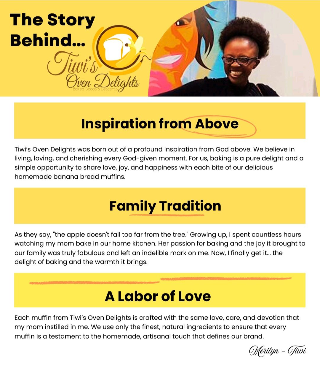 A woman smiling with a text layout about inspiration, family traditions, and love.