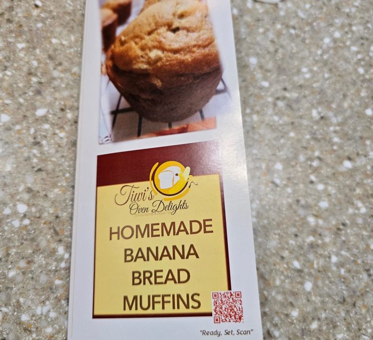Brochure displaying "Homemade Banana Bread Muffins" with a photo of muffins.